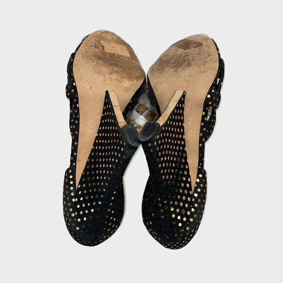 Brian Atwood Peep Toe Stiletto Wedge In Black With Gold Dots Size 35 - Picture 5 of 8